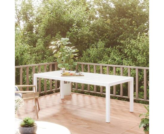 Masă de grădină, alb, 190x90x75 cm, sticlă securizată/poliratan