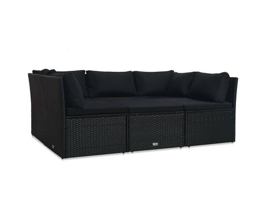 Set mobilier de grădină cu perne, 4 piese, negru, poliratan, 3 image