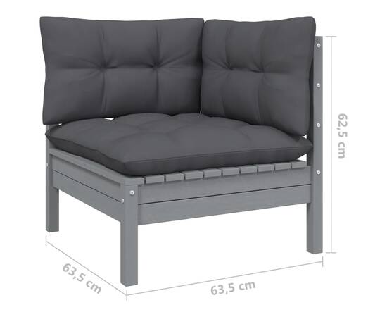 Set mobilier de grădină cu perne, 3 piese, gri, lemn masiv pin, 10 image