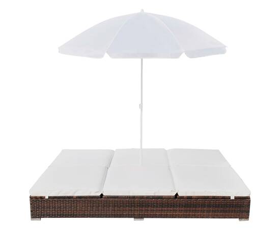 Pat șezlong de exterior cu umbrelă, maro, poliratan, 2 image