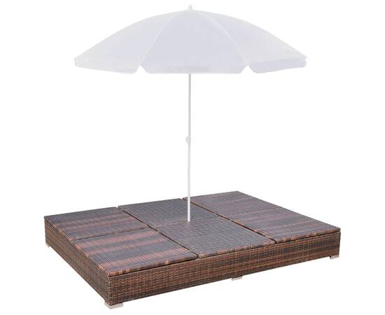 Pat șezlong de exterior cu umbrelă, maro, poliratan, 6 image