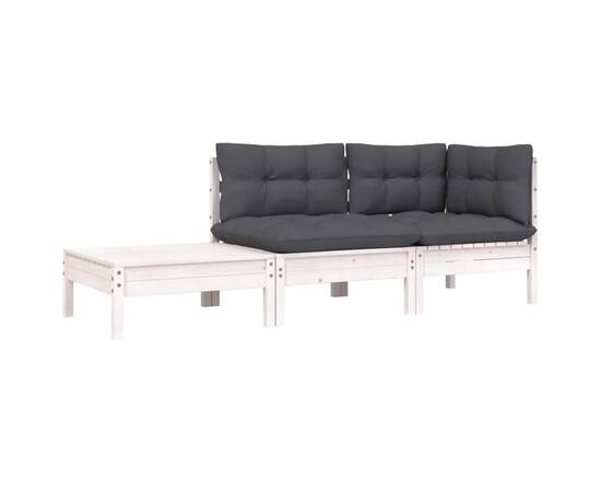 Set mobilier de grădină cu perne, 3 piese, alb, lemn masiv pin, 2 image