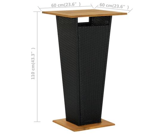 Masă de bar, negru, 60x60x110 cm, poliratan/lemn masiv acacia, 6 image