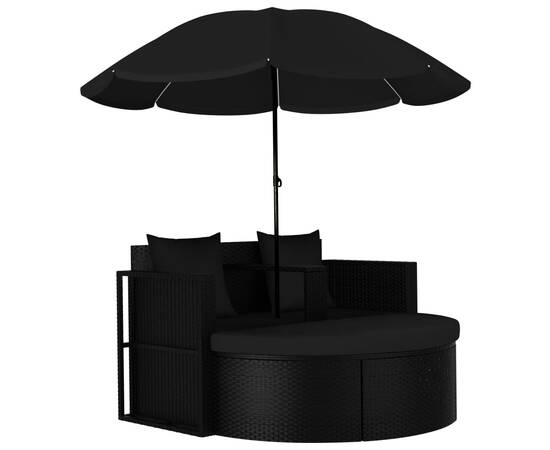 Pat de grădină cu umbrelă de soare, negru, poliratan