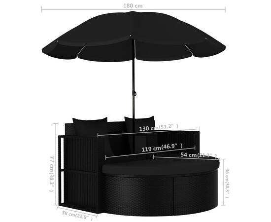 Pat de grădină cu umbrelă de soare, negru, poliratan, 8 image
