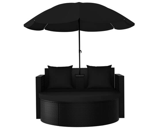 Pat de grădină cu umbrelă de soare, negru, poliratan, 3 image