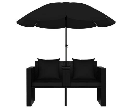 Pat de grădină cu umbrelă de soare, negru, poliratan, 4 image