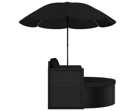Pat de grădină cu umbrelă de soare, negru, poliratan, 5 image