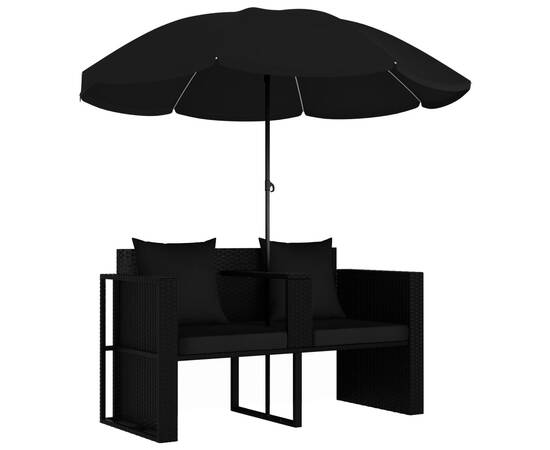Pat de grădină cu umbrelă de soare, negru, poliratan, 2 image