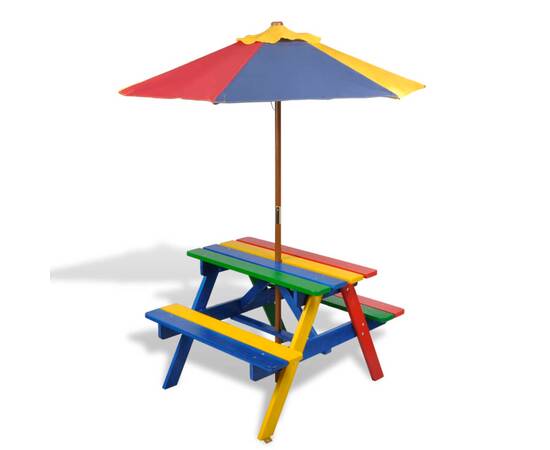 Masă de picnic pentru copii cu bănci &amp; umbrelă, lemn multicolor