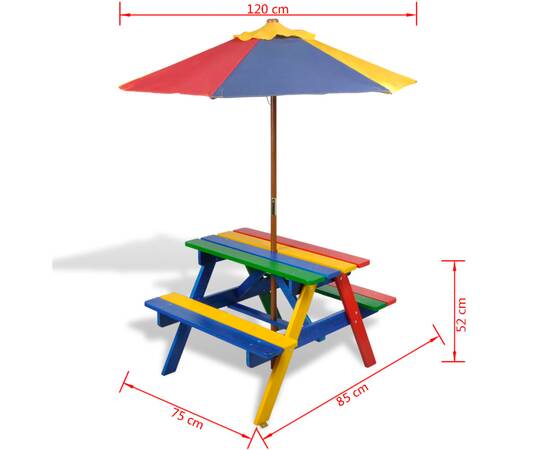 Masă de picnic pentru copii cu bănci &amp; umbrelă, lemn multicolor, 7 image