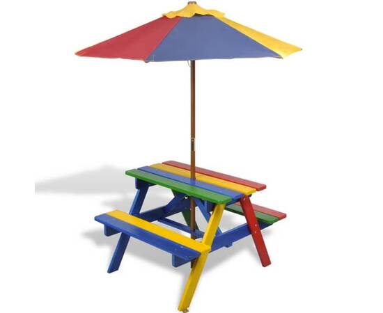 Masă de picnic pentru copii cu bănci &amp; umbrelă, lemn multicolor, 6 image