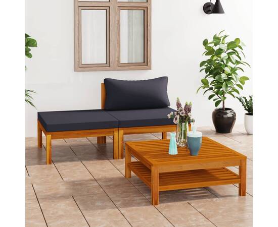 Set mobilier grădină perne gri închis, 3 piese, lemn acacia