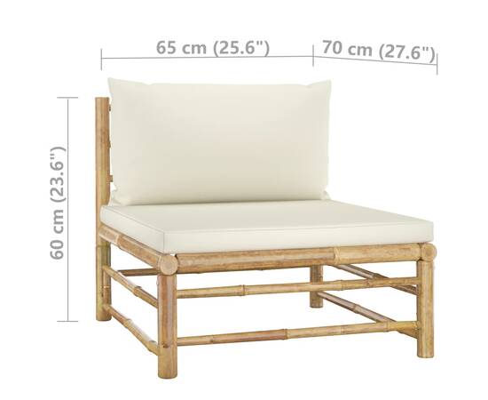 Canapea de mijloc pentru grădină cu perne, alb crem, bambus, 6 image