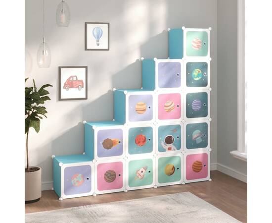 Dulap de depozitare cub pentru copii, 15 cuburi, albastru, pp