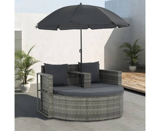 Canapea de grădină cu 2 locuri cu perne & umbrelă gri poliratan