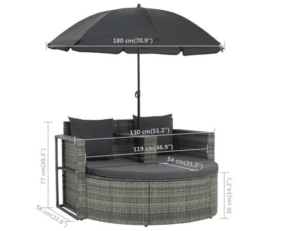 Canapea de grădină cu 2 locuri cu perne & umbrelă gri poliratan, 8 image