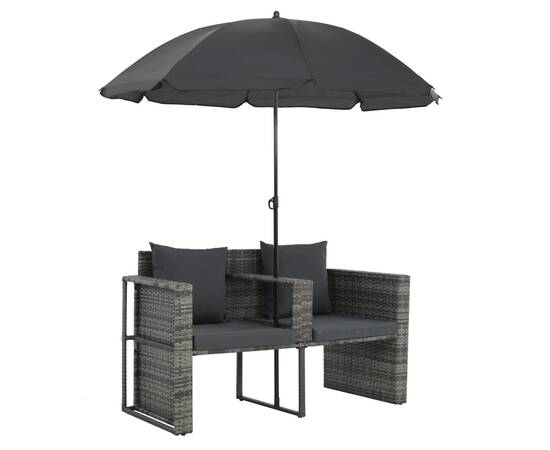 Canapea de grădină cu 2 locuri cu perne & umbrelă gri poliratan, 3 image