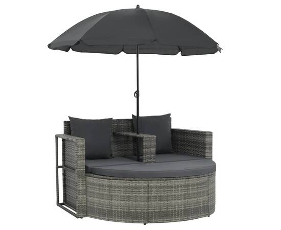 Canapea de grădină cu 2 locuri cu perne & umbrelă gri poliratan, 2 image