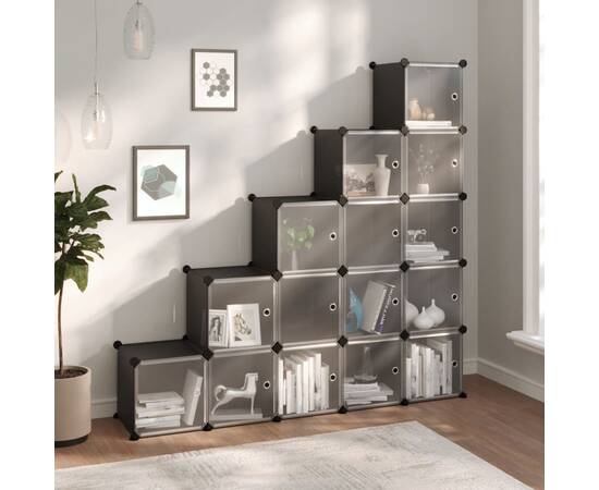 Organizator cub de depozitare cu uși, 15 cuburi, negru, pp