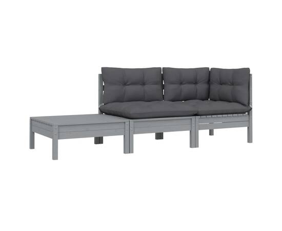 Set mobilier de grădină cu perne, 3 piese, gri, lemn masiv pin, 2 image