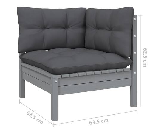 Set mobilier de grădină cu perne, 3 piese, gri, lemn masiv pin, 9 image