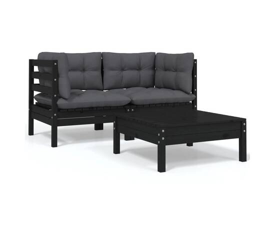 Set mobilier grădină cu perne, 3 piese, negru, lemn masiv pin