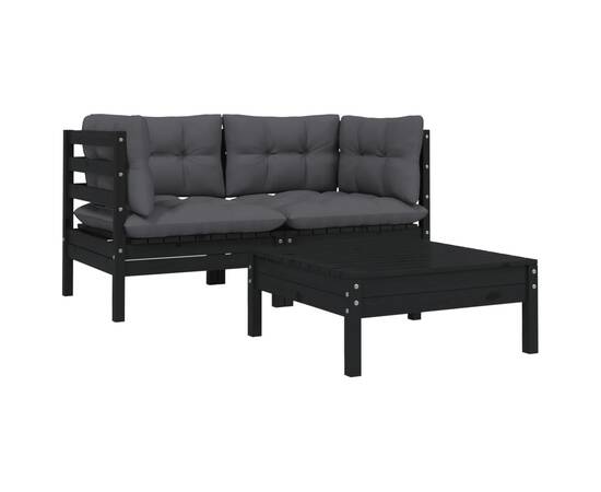 Set mobilier grădină cu perne, 3 piese, negru, lemn masiv pin, 2 image