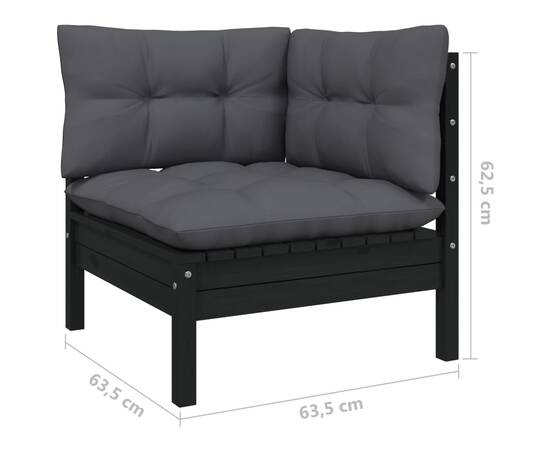 Set mobilier grădină cu perne, 3 piese, negru, lemn masiv pin, 10 image