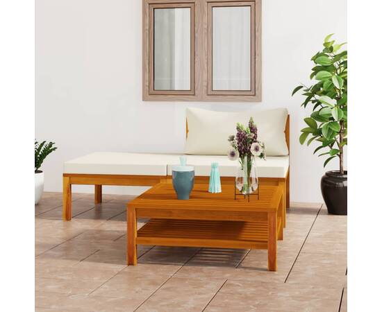 Set mobilier grădină perne alb crem, 3 piese, lemn masiv acacia
