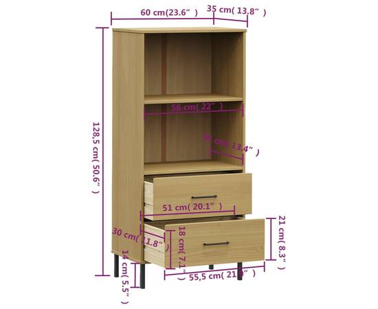 Bibliotecă cu 2 sertare oslo, maro, 60x35x128,5 cm, lemn masiv, 8 image