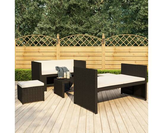 Set mobilier de grădină cu perne, 5 piese, negru, poliratan