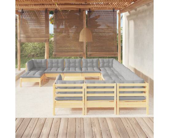 Set mobilier de grădină cu perne, 13 piese, gri, lemn de pin