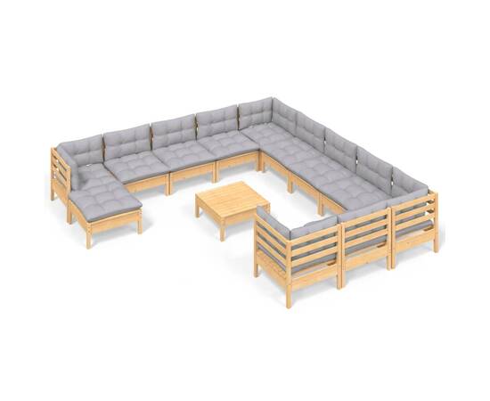 Set mobilier de grădină cu perne, 13 piese, gri, lemn de pin, 2 image