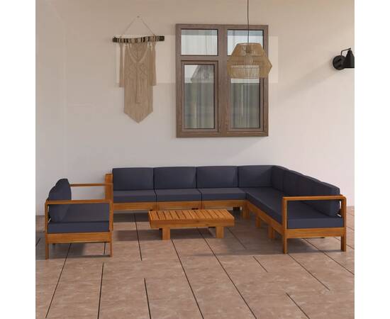 Set mobilier grădină perne gri închis, 9 piese, lemn acacia