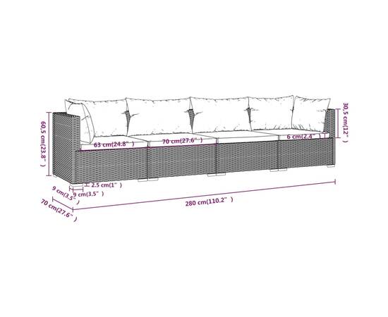 Set mobilier de grădină cu perne, 4 piese, negru, poliratan, 7 image