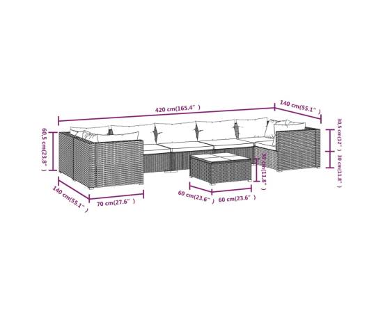 Set mobilier de grădină cu perne, 8 piese, negru, poliratan, 9 image