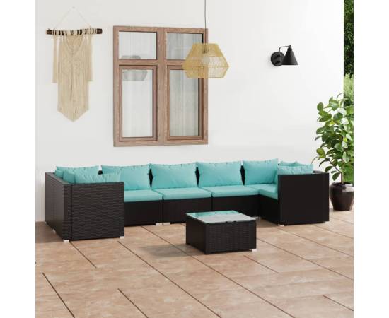 Set mobilier de grădină cu perne, 8 piese, negru, poliratan