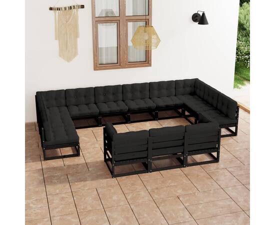 Set mobilier grădină cu perne, 13 piese, negru, lemn masiv pin