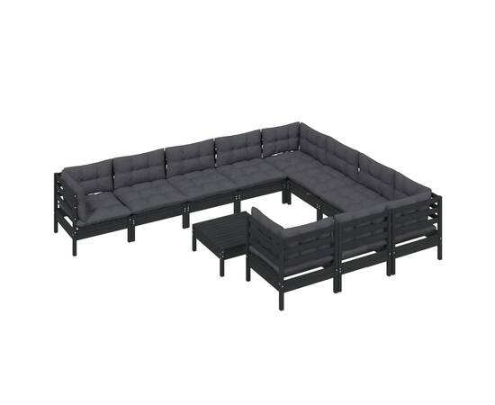 Set mobilier grădină cu perne, 11 piese, negru, lemn de pin, 3 image