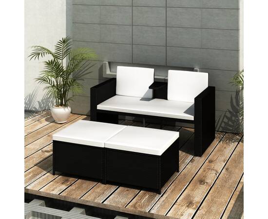 Set mobilier de grădină cu perne, 4 piese, negru, poliratan