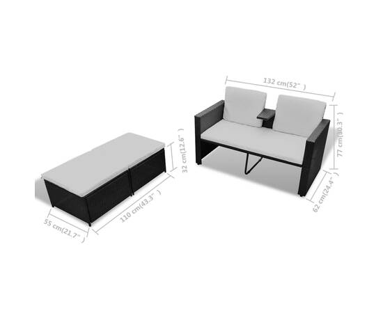 Set mobilier de grădină cu perne, 4 piese, negru, poliratan, 8 image