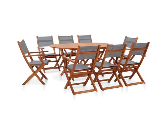 Set mobilier exterior 9 piese gri lemn masiv eucalipt/textilenă