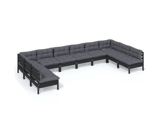 Set mobilier grădină cu perne, 10 piese, negru, lemn masiv pin, 2 image