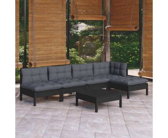 Set mobilier grădină cu perne, 6 piese, negru, lemn de pin