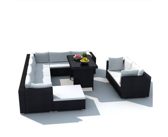 Set mobilier de grădină cu perne, 10 piese, negru, poliratan, 3 image