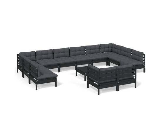 Set mobilier grădină cu perne, 13 piese, negru, lemn de pin, 2 image