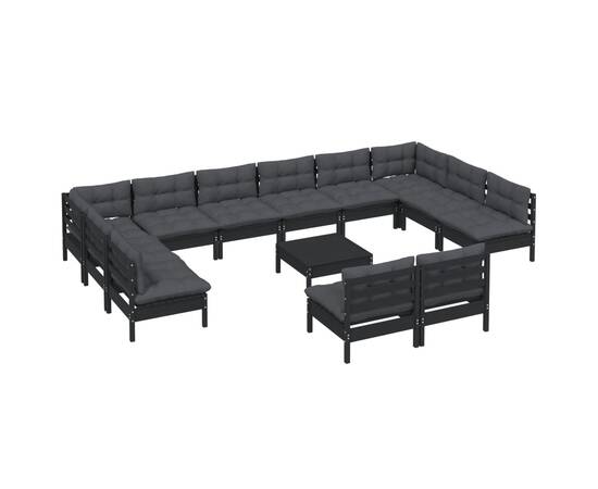 Set mobilier grădină cu perne, 13 piese, negru, lemn masiv pin, 3 image