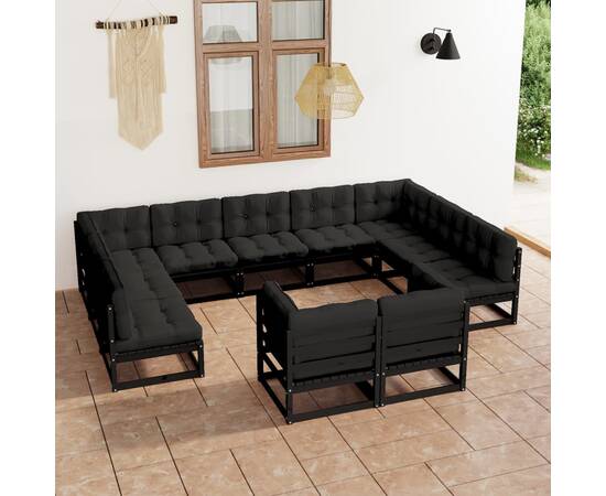 Set mobilier grădină cu perne, 11 piese, negru, lemn masiv pin