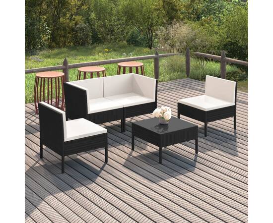 Set mobilier de grădină cu perne, 5 piese, negru, poliratan